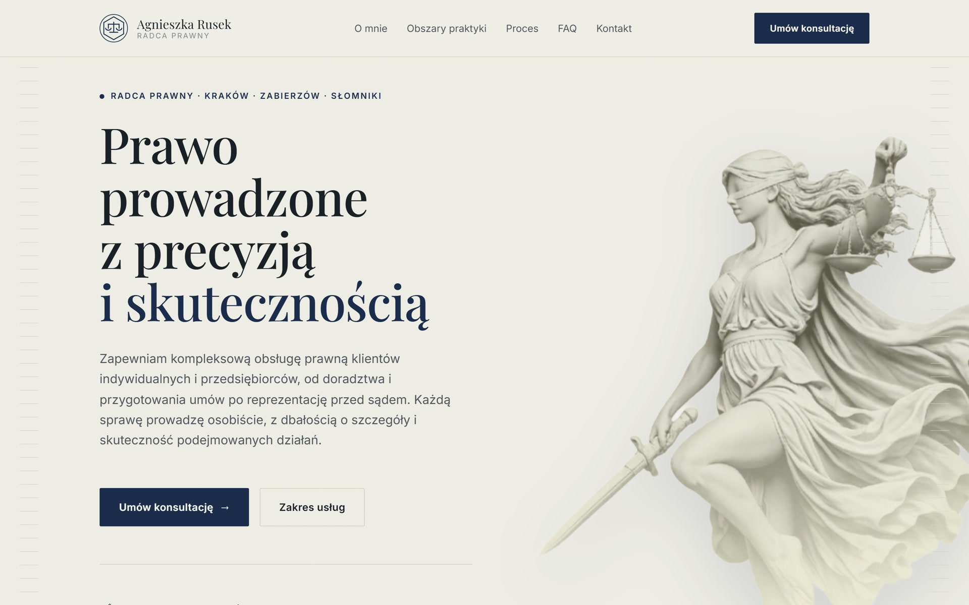 Strona kancelarii radcy prawnego: nagłówek z rzeźbą Temidy