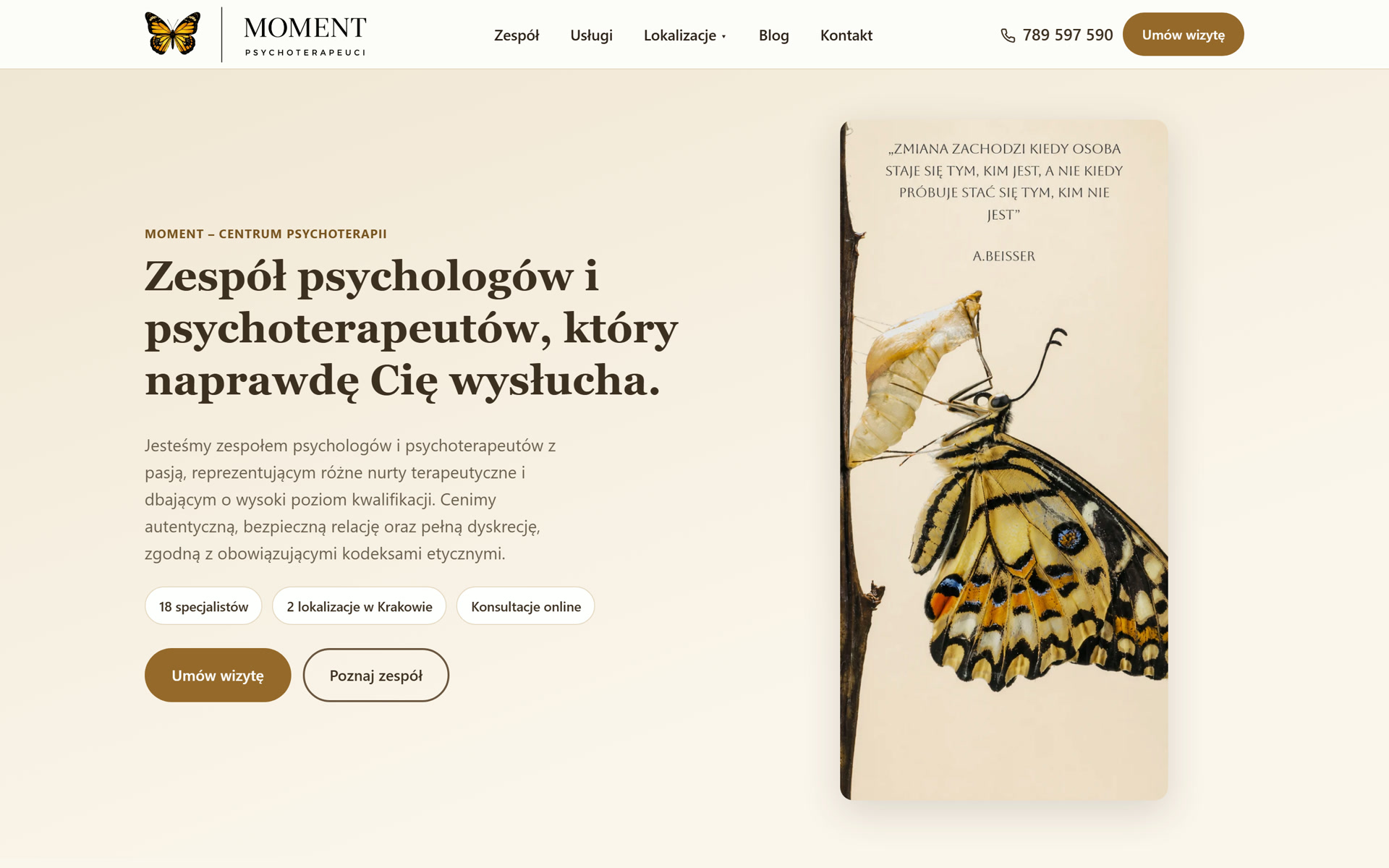 Strona Moment Centrum Psychoterapii: nagłówek z tytułem i zdjęciem motyla